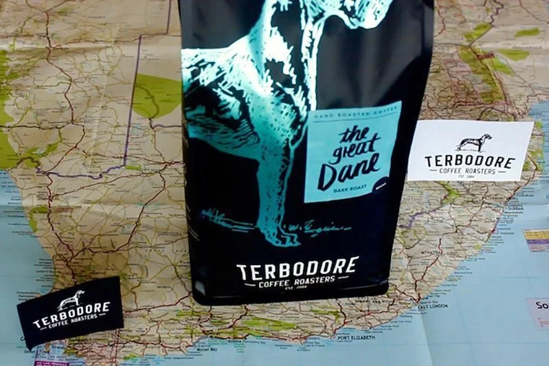 Terbodore Coffee bag standing on a map of SA