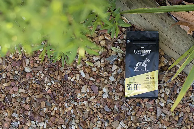 Terbodore coffee bag lying on thee ground with pebbles