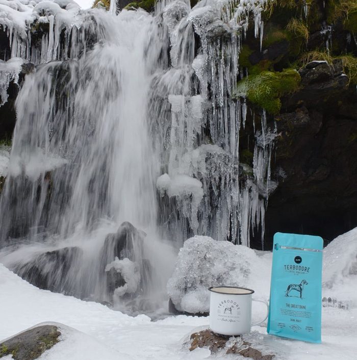 Waterfall and Terbodore tin cup and coffee bag