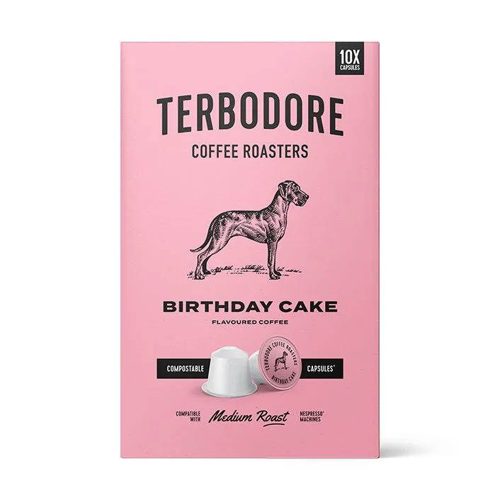 Birthday Cake Coffee capsules box - front view - Terbodore Coffee