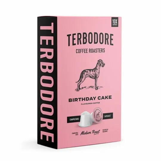 Birthday Cake Coffee capsules box - side view - Terbodore Coffee