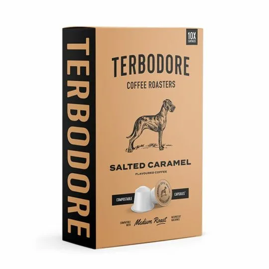 Salted Caramel Capsules box - side view - Terbodore Coffee