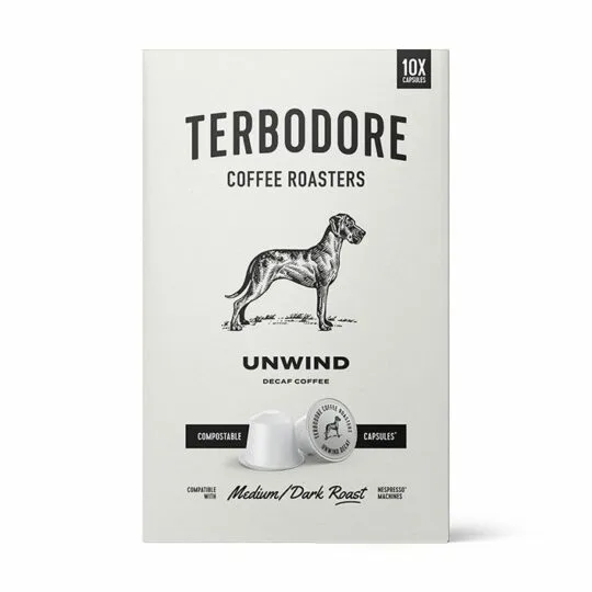 Unwind Decaf Capsules box - front view - Terbodore Coffee