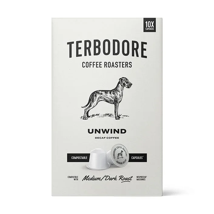 Unwind Decaf Capsules box - front view - Terbodore Coffee