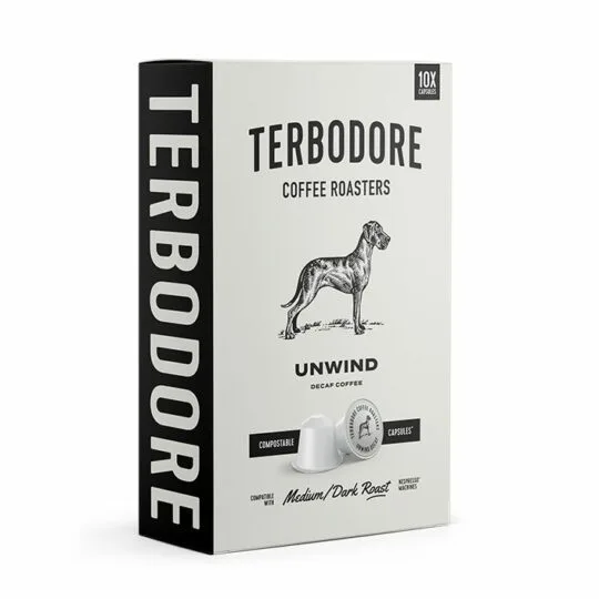 Unwind Decaf Capsules box - side view - Terbodore Coffee