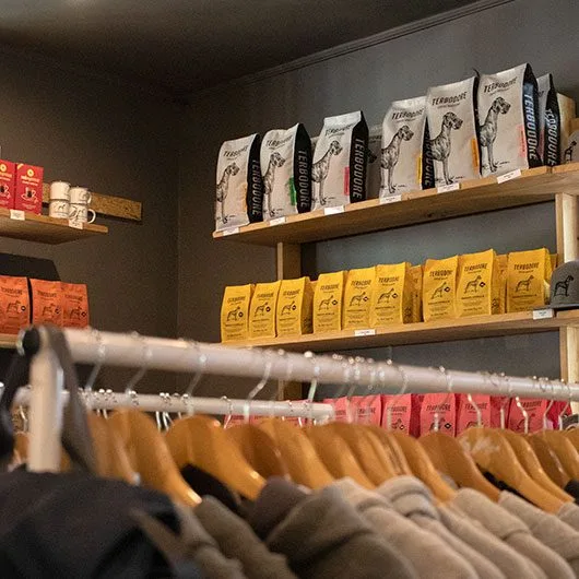 Terbodore Merchandise displaying Terbodore Coffee on shelves - Terbodore Cafe Franschhoek