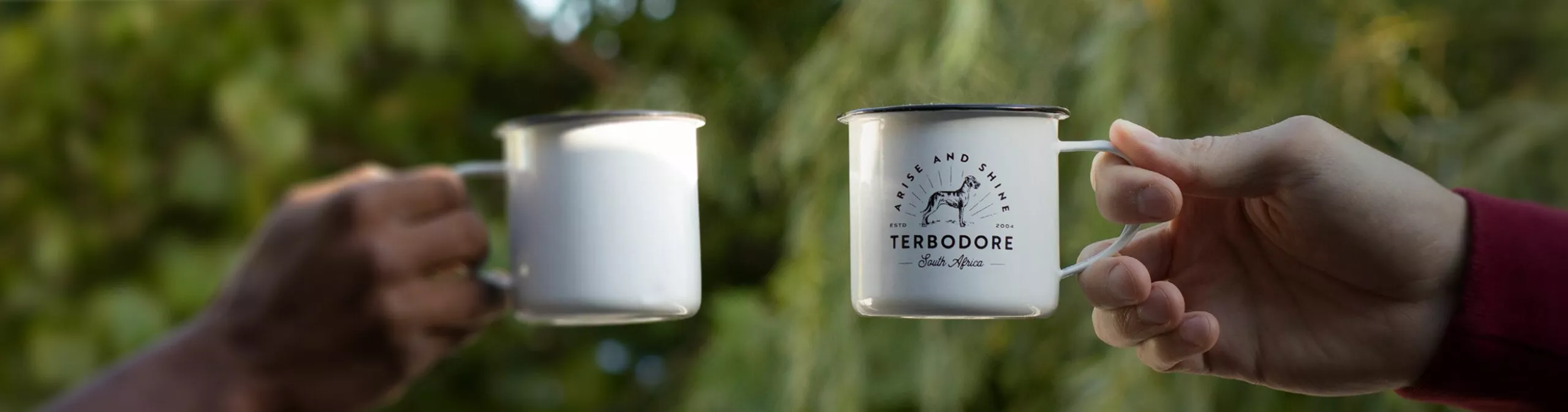 Two men holding coffee mugs, Great Dane Dog, Terbodore